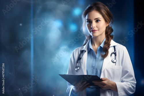 Female doctor wearing a gown.Hanging stethoscope and hold document filed, crystal background