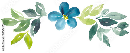 Watercolor botanical border in blue and green. Hand-painted floral divider.  #679567423