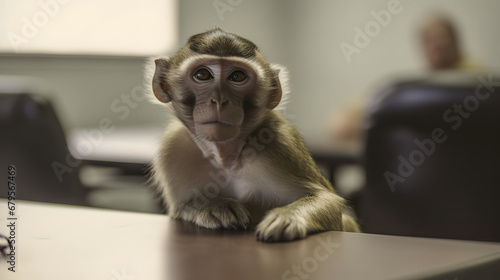 Young Chimpanzee, Simia troglodytes, 5 years old, sitting in front of white background photo