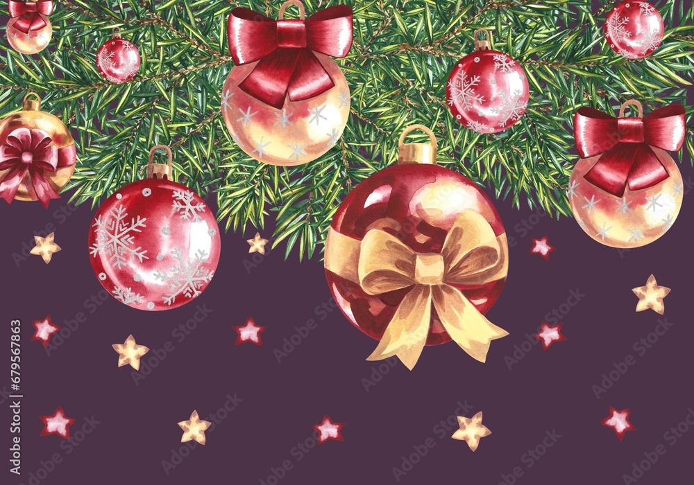 Festive frame for a Christmas card with a Christmas tree and festive decorations, balloons. Watercolor illustration drawn by hand. Christmas template for banner, ticket, flyer, postcard, invitation. Festive frame for a Christmas card with a Christmas tree and festive decorations, balloons. Watercolor illustration drawn by hand. Christmas template for banner, ticket, flyer, postcard, invitation.