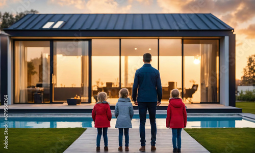 back, rear view of Happy young family with two 3 daughters kids, children 4 five persons standing looking of new illuminated modern futuristic house with young girl. rural scene. exterior privat home.