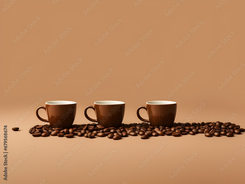 Obraz premium Close up illustration of three coffee cups with coffee beans scattered around. Simple plain background.
