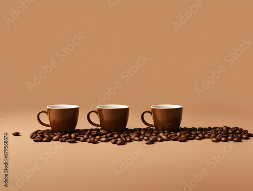 Close up illustration of three coffee cups with coffee beans scattered around. Simple plain background.