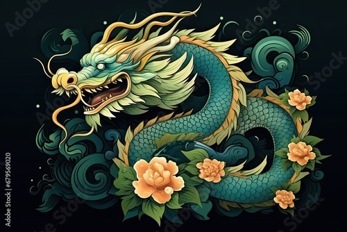 Illustration of a green dragon , in the style of Chinese New Year © Дмитрий Баронин
