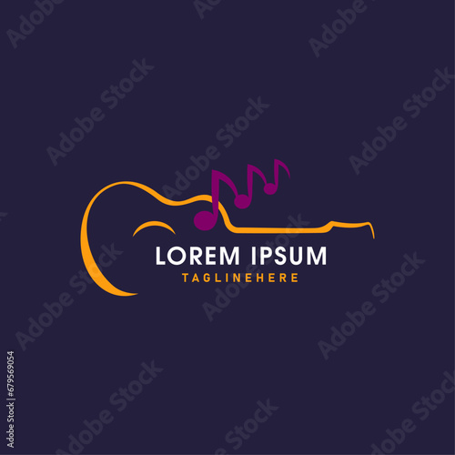 Guitar logo with notes. Music logo in vector. Guitar silhouette emblem.