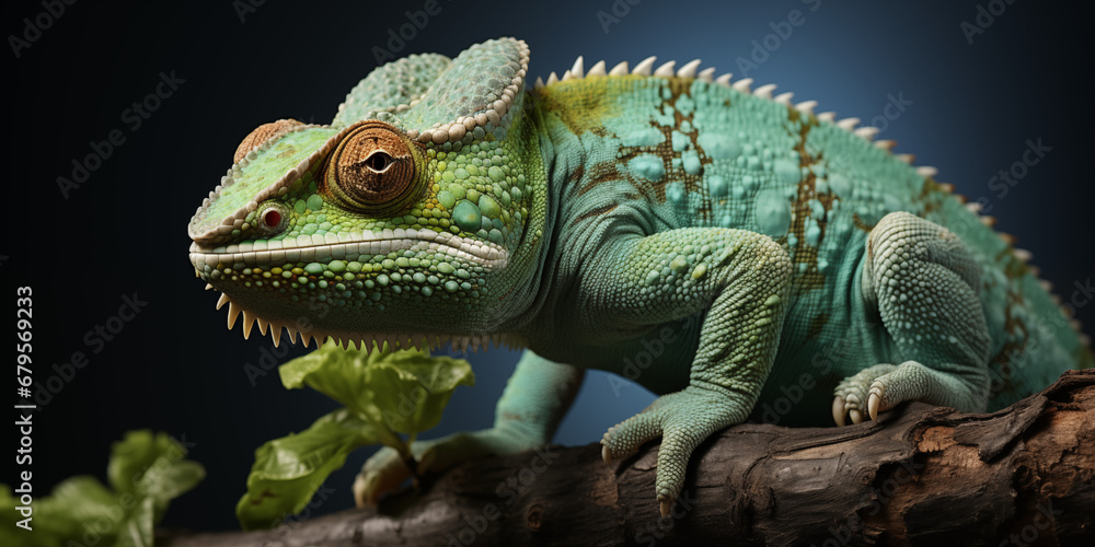 Obraz premium Farbenprächtiges Chamäleon in grünen Musterungen Nahaufnahme für Poster, ai generativ