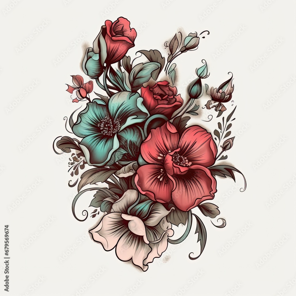 artistic botanical floral tattoo sketch in hand drawn style
