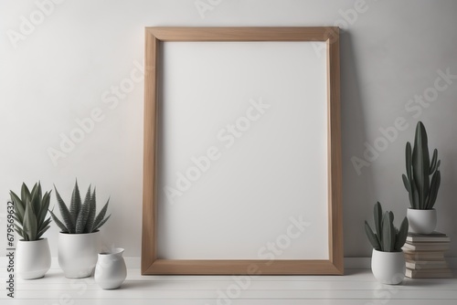 Wooden blank frame on the white wall, interior background  © Marko
