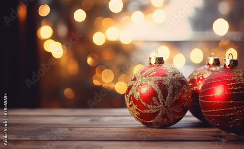 Christmas tree decorations. Red and gold Christmas baubles on a wooden table  with the soft glow of tree lights in the background.