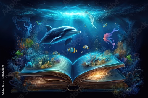 dreamy magical book background with underwater animal