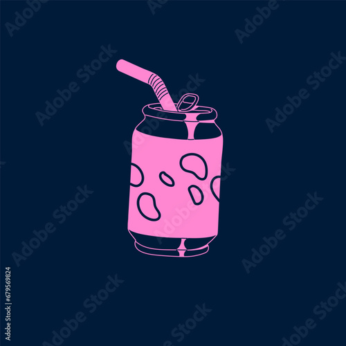 Retro soda, cola can. Carbonated drink in aluminium bottle with straw. Fizzy aerated beverage. Fresh sweet water with bubbles, blobs. Sugar product. Monochrome flat isolated vector illustration