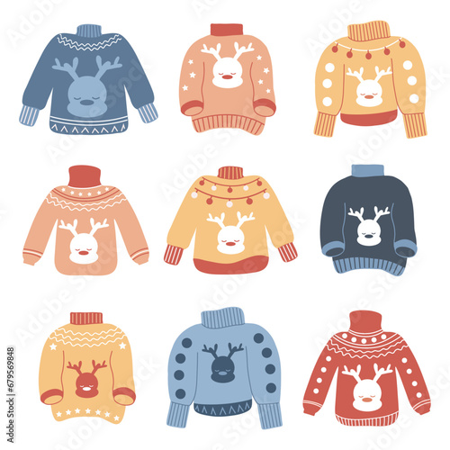 Fototapeta Naklejka Na Ścianę i Meble -  Set of ugly sweaters for Christmas with deer and different ornaments in yellow, red and blue 