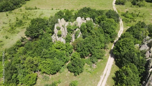 Aerial view of ancient thracian Sanctuary Skumsale near town of Strelcha, Pazardzhik Region, Bulgaria photo