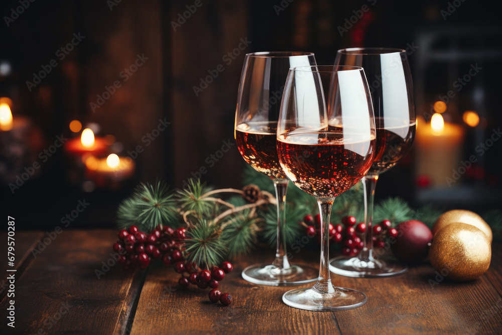 Three glasses with wine or champagne, a branch of a Christmas tree, red berries, Christmas balls, candles . Celebrating New Year, Christmas, St. Nicholas Day or anniversary. Three glasses with wine or champagne, a branch of a Christmas tree, red berries, Christmas balls, candles . Celebrating New Year, Christmas, St. Nicholas Day or anniversary.