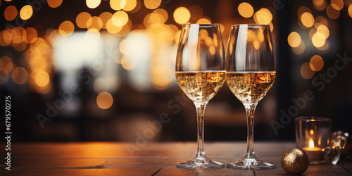 Two glasses of champagne or wine  balls  candle on a background of Christmas bokeh. Celebrating New Year  Christmas  St. Nicholas Day or anniversary. Empty wooden table. Ready for product montage.