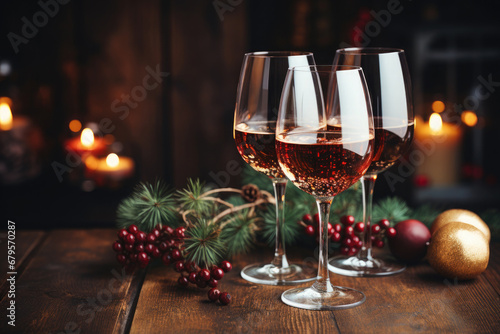 Three glasses with wine or champagne, a branch of a Christmas tree, red berries, Christmas balls, candles . Celebrating New Year, Christmas, St. Nicholas Day or anniversary.
