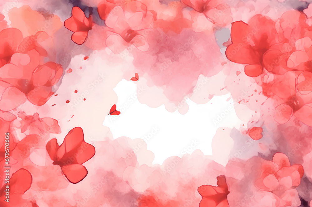 Watercolor Symphony of Love: Soft Red Background Adorned with Delicate Flowers, Crafted with Artistic Flourishes and Subtle Paint Strokes,  Valentine's Day Greeting Card. Place for text