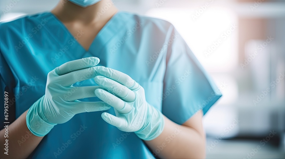 Midsection of female nurse wearing protective gloves in hospital.

 - obrazy, fototapety, plakaty 