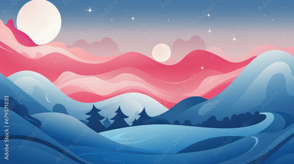 Stylized illustration of mountains at twilight with vibrant hues and starry sky