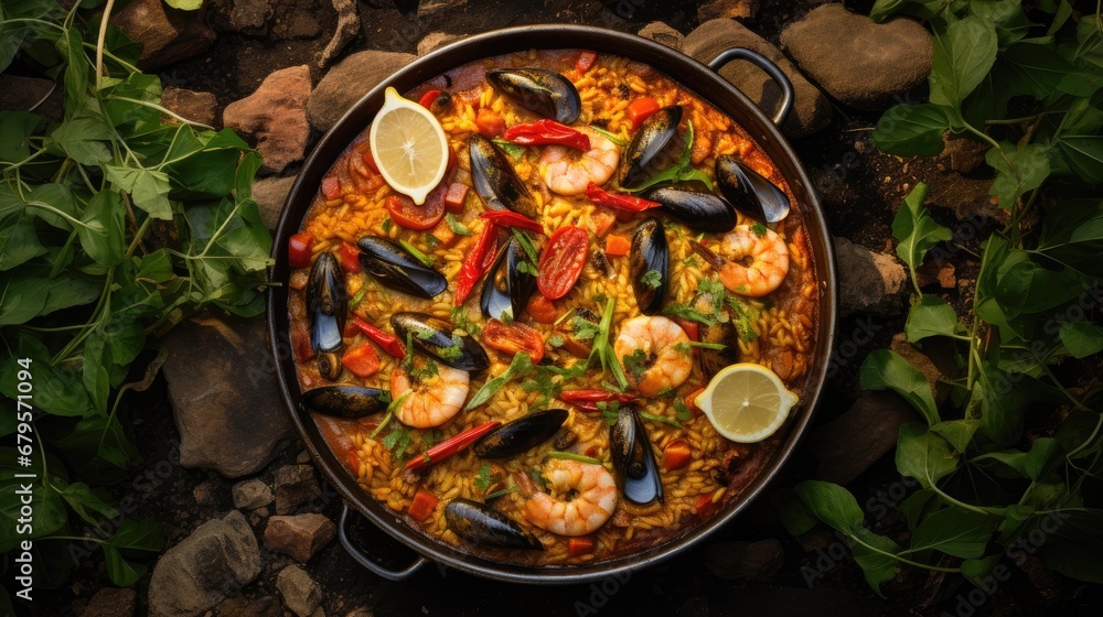 Top view of the part of a spanish paella being cook in a garden.

