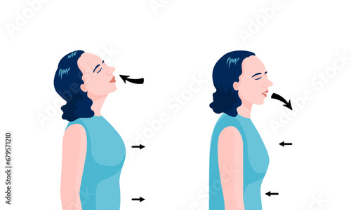 Two woman standing and do breathing exercise for stress Relief, flat vector illustration.	