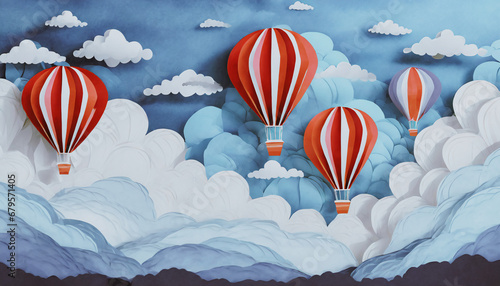 illustrazione con colorate mongolfiere che galleggiano in un cielo denso di nubi