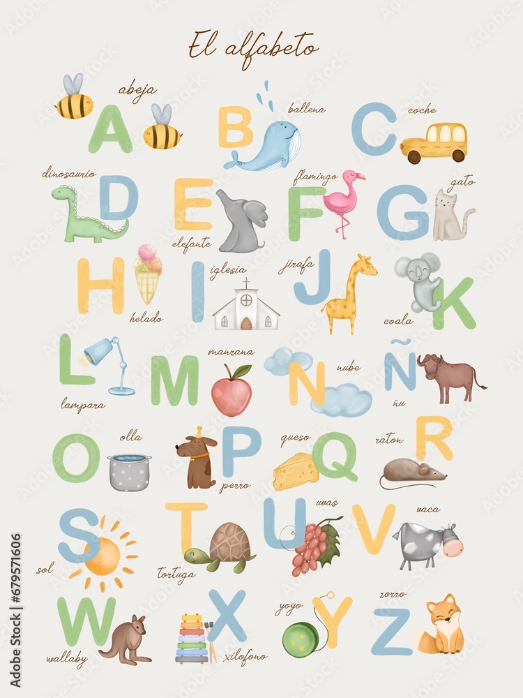 Colorful Spanish alphabet for kids, animal poster for learning Spanish, Spanish alphabet, colorful alphabet with animals