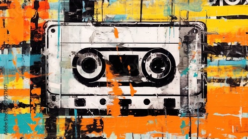 Generative AI, Grunge audio tape cassette, pop art graffiti, vibrant color. Ink melted paint street art on a textured paper vintage background 