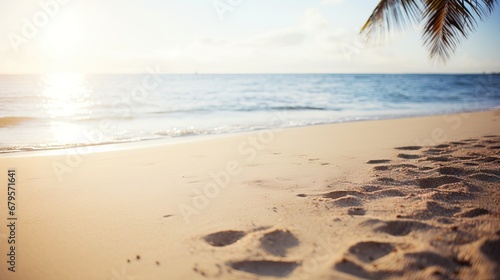 Close-up of a tropical beach with golden sand and a palm leaf at sunset © artem