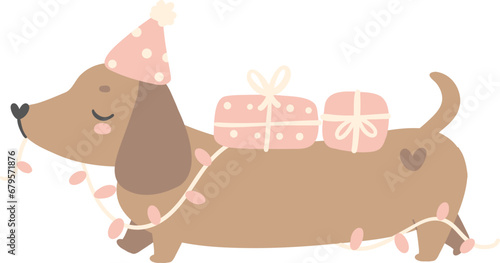 Cute Dachshund Christmas, Pink Christmas Animal cartoon illustration