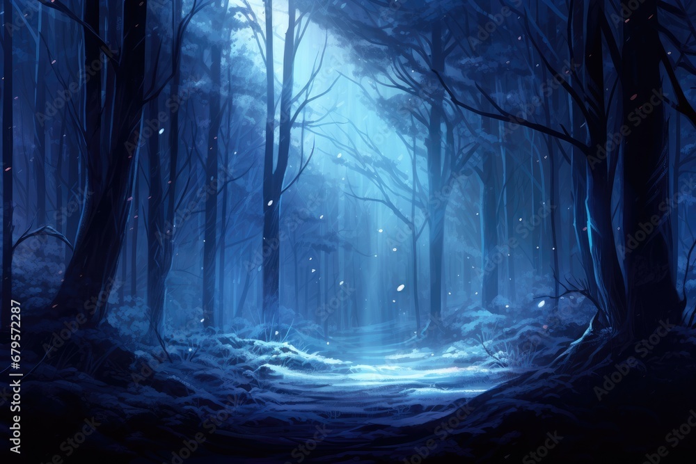 A magical snowy forest with talking, glowing trees.