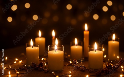 A beautiful background of candles decorated on the Candlemas night with beautiful light and bokeh  copy space