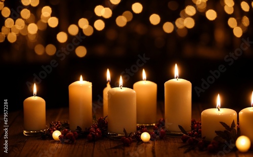 A beautiful background of candles decorated on the Candlemas night with beautiful light and bokeh  copy space