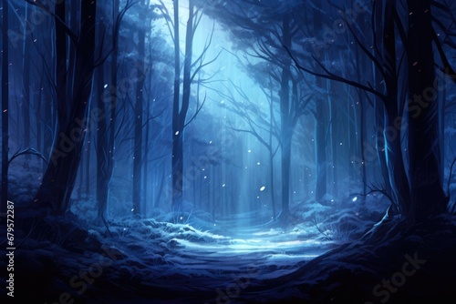 A magical snowy forest with talking, glowing trees.