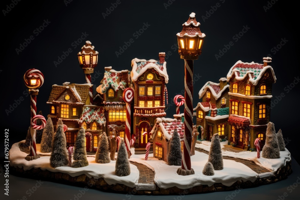 Gingerbread village with candy cane lampposts. Gingerbread village with candy cane lampposts.