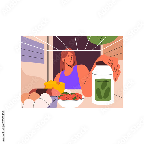 Young woman looking in full fridge inside view. Girl open refrigerator with large choice of food. Female choosing eating, ingredients on shelves for cooking on home kitchen. Flat vector illustration