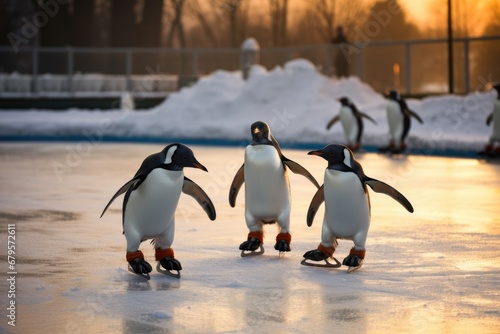 Ice skating penguins on a frozen pond.