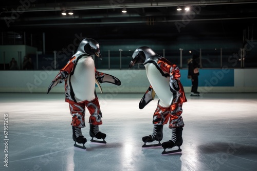 Ice skating penguins on a frozen pond.