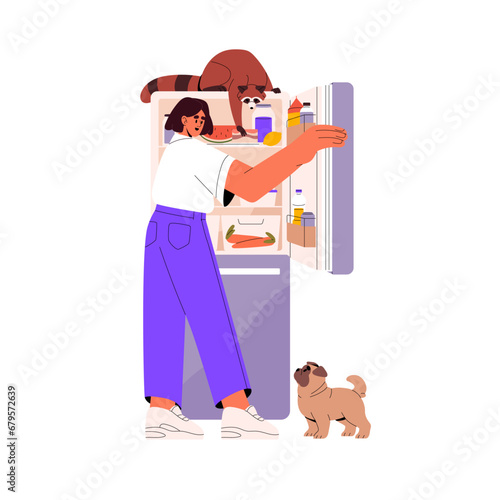 Young woman with pets looking inside open full fridge. Cute raccoon reaching for food in refrigerator. Hungry dog begging treat. Person choosing eating on product shelves. Flat vector illustration