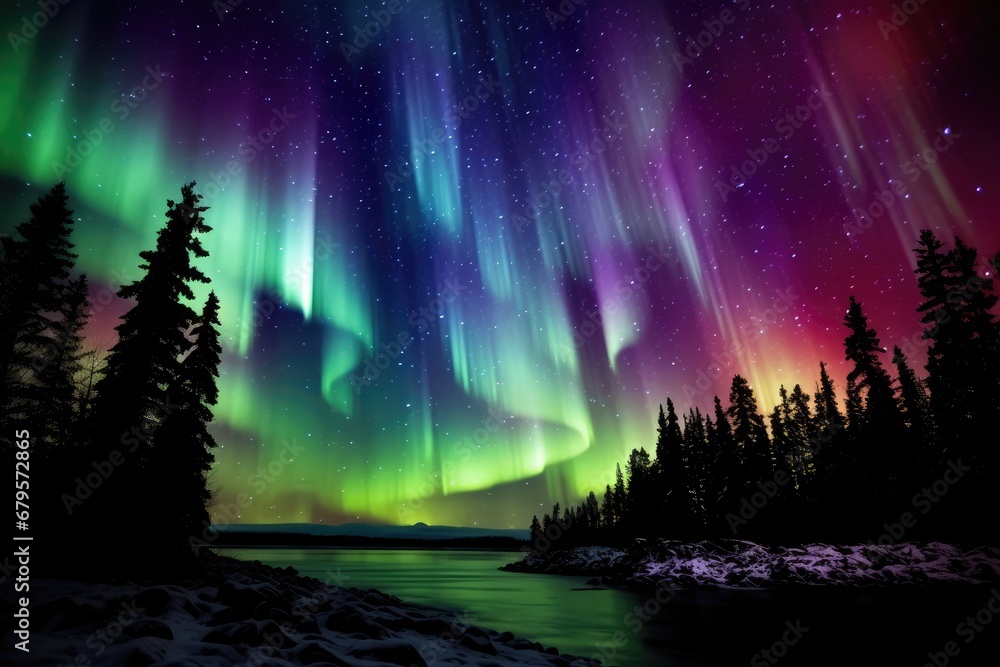 The Northern Lights casting colorful streaks across the sky.