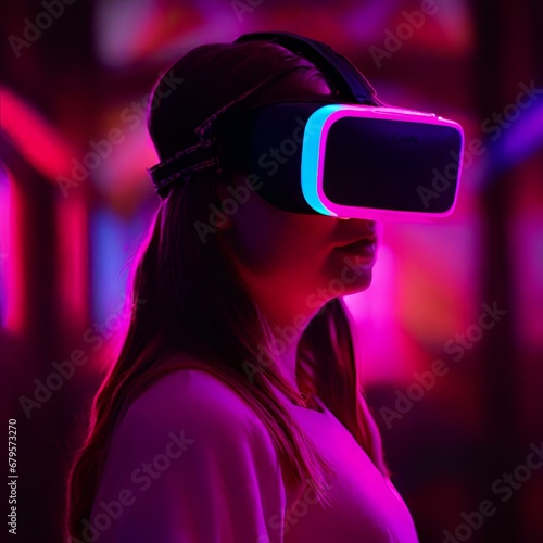 Technology photo of a girl wearing virtual reality headset in a strange place | VR Adventure
