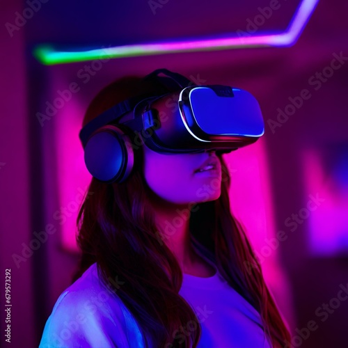 Technology photo of a girl wearing virtual reality headset in a strange place | VR Adventure