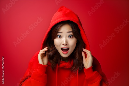 Surprised happy asian woman in sweater coat and looking at the camera yellow red colorful background concept