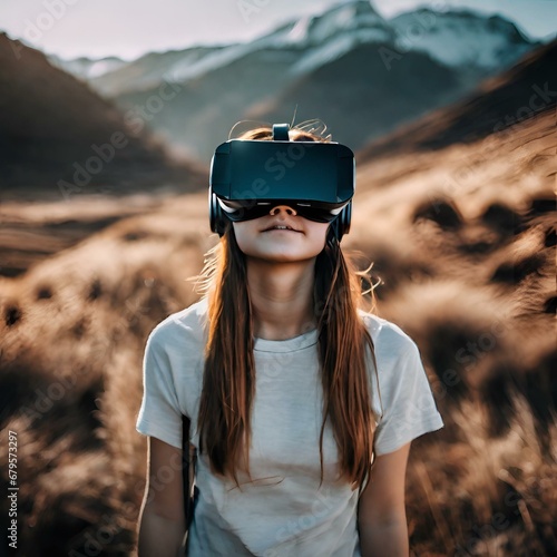 Technology photo of a girl wearing virtual reality headset in a strange place | VR Adventure