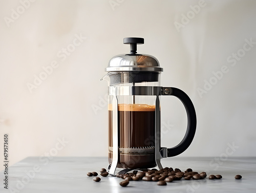 French press coffee pot with fresh coffee beans spread around. Plain background photo