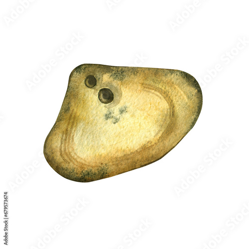Apotropaic stone Chicken God. Amulet. Triangular stone, yellow, brown, painted in watercolor on a transparent background. Suitable for printing on packaging, logos and scrapbooking.