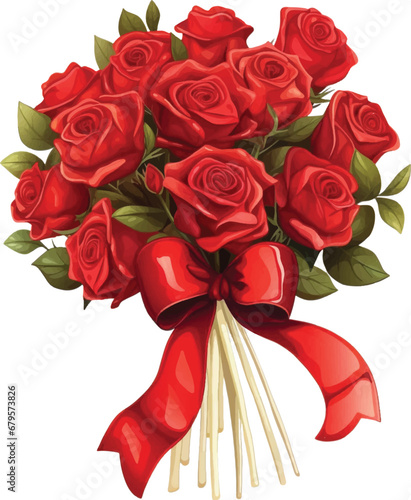 A bouquet of red roses with a bow, in the style of colored cartoon style, ivory on white background
