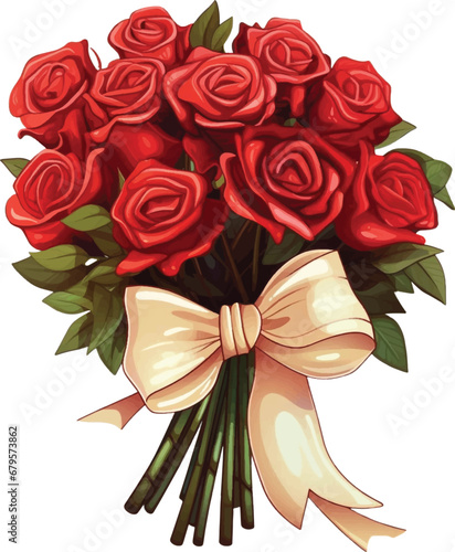 A bouquet of red roses with a bow, in the style of colored cartoon style, ivory on white background