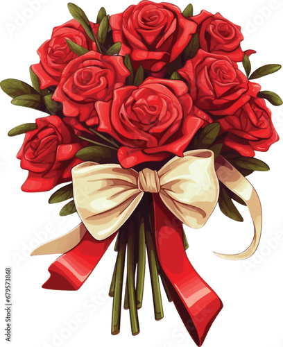 A bouquet of red roses with a bow, in the style of colored cartoon style, ivory on white background