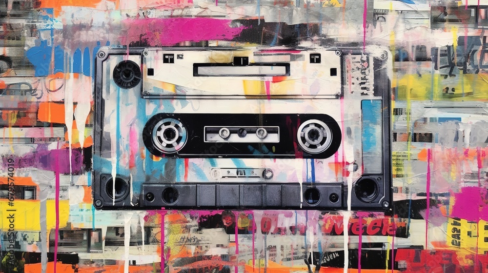 Generative AI, Grunge audio tape cassette, pop art graffiti, vibrant color. Ink melted paint street art on a textured paper vintage background	